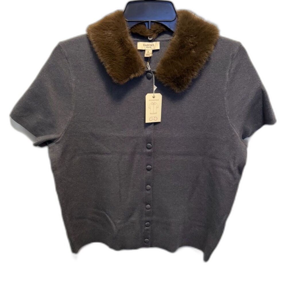 Sabine Paris Size L Gray Cardigan Detachable Faux Fur Collar Quiet Luxury